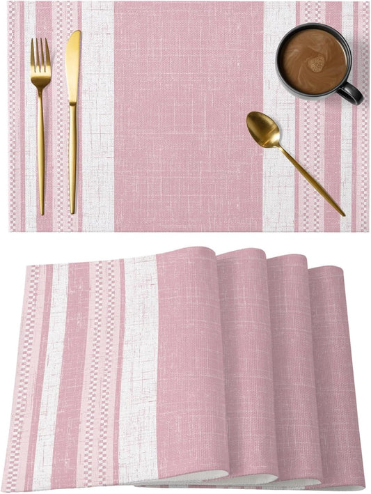 Vintage Pink Striped Placemats Set of 6, Farmhouse Modern Stripes Boho Placemats for Dining Table, Place Mats for Kitchen Tabletop, Waterproof Wipeable Dining Table Mats Set