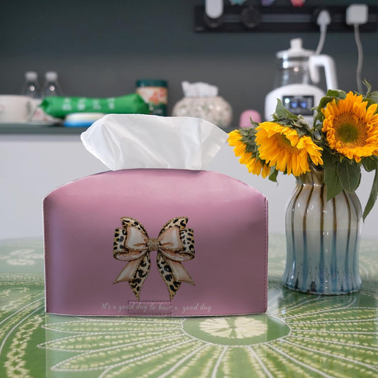 Pink Bow Tissue Box Cover Rectangle,Leopard Bow Long Tissue Box Holder,Cute Preppy Whimsical Decorative Facial Tissue Case for Living Room Bathroom Bedroom Vanity,9.5x4.7x4.7In