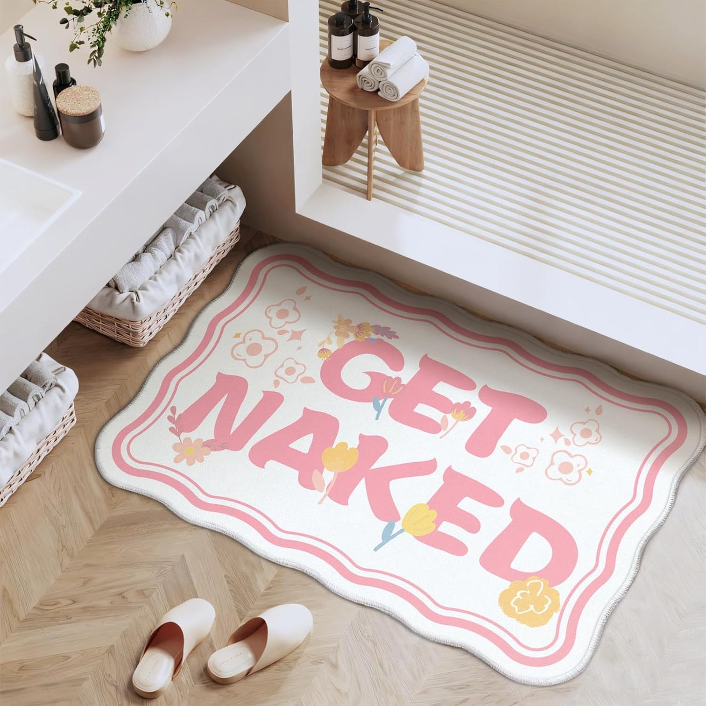 Get Naked Bath Mat, Scalloped Pink Ultra Thin Soft Non Slip Absorbent Machine Washable Bathroom Rugs, Large Quick Dry Low Pile Fluffy Cute Funny Bath Rugs for Bathroom Floor