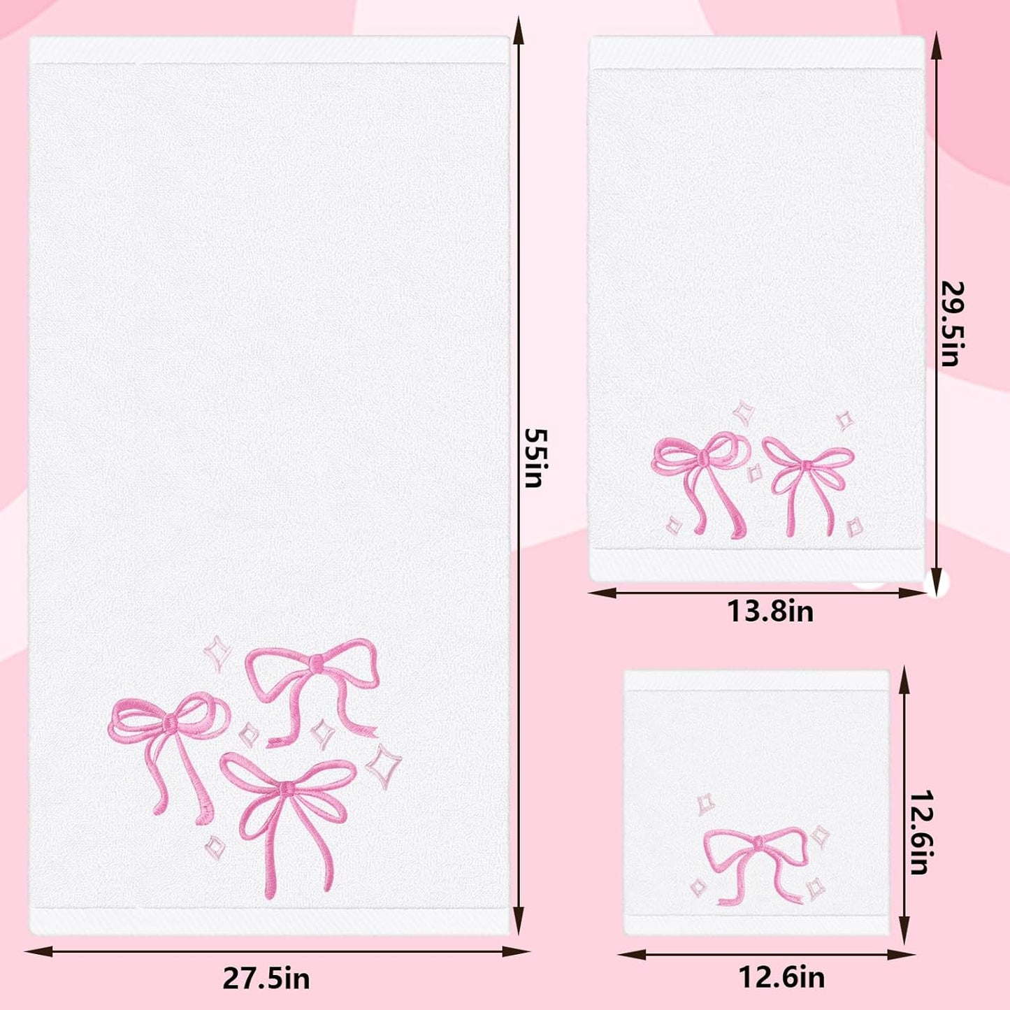 FYSUIMU Pink Bow Towel Set of 3 Cotton Embroidered Bow Knot Bath Towel Hand Towels Wash Cloth for Hand Drying Bathroom Shower Supplies