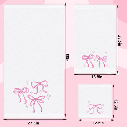 FYSUIMU Pink Bow Towel Set of 3 Cotton Embroidered Bow Knot Bath Towel Hand Towels Wash Cloth for Hand Drying Bathroom Shower Supplies