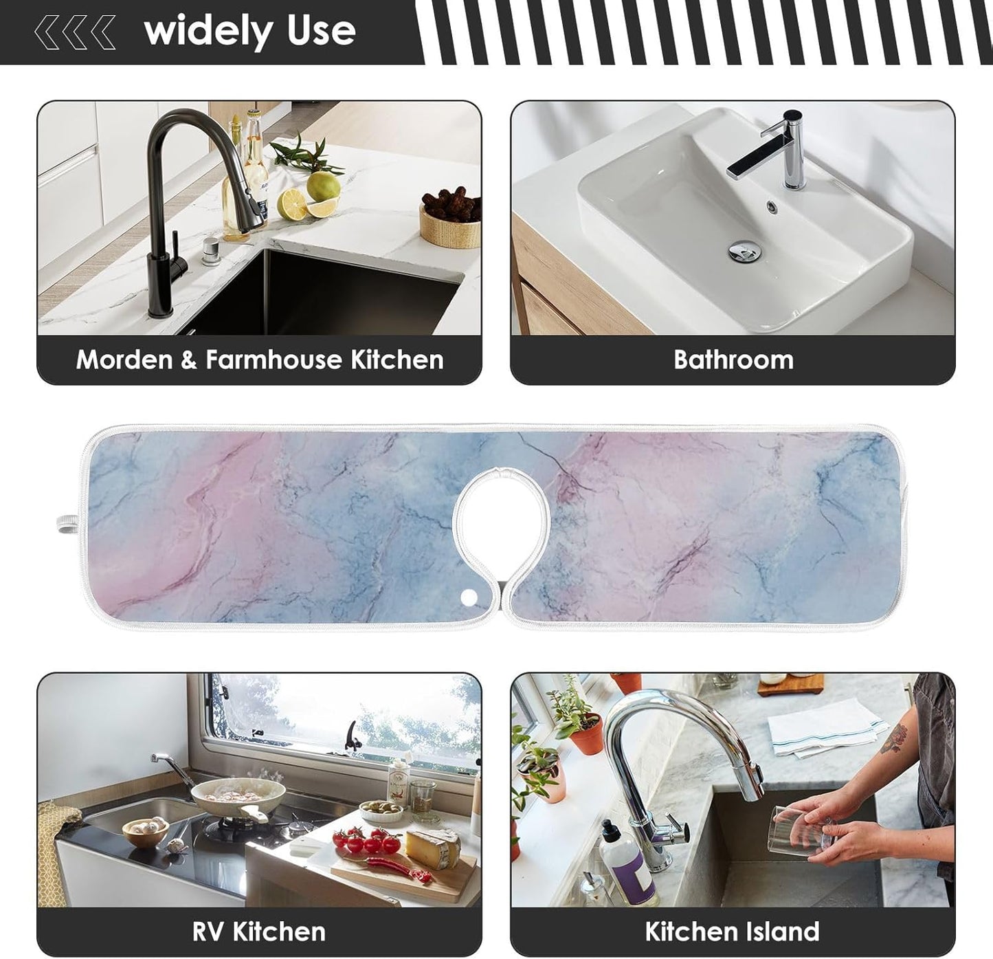 tray around faucet for kitchen sink Fast-Drying hangable sink matt for kitchen Sink Splash Guard & Protectors 23.6”--Pink and Light Blue Marble Texture
