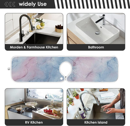 tray around faucet for kitchen sink Fast-Drying hangable sink matt for kitchen Sink Splash Guard & Protectors 23.6”--Pink and Light Blue Marble Texture