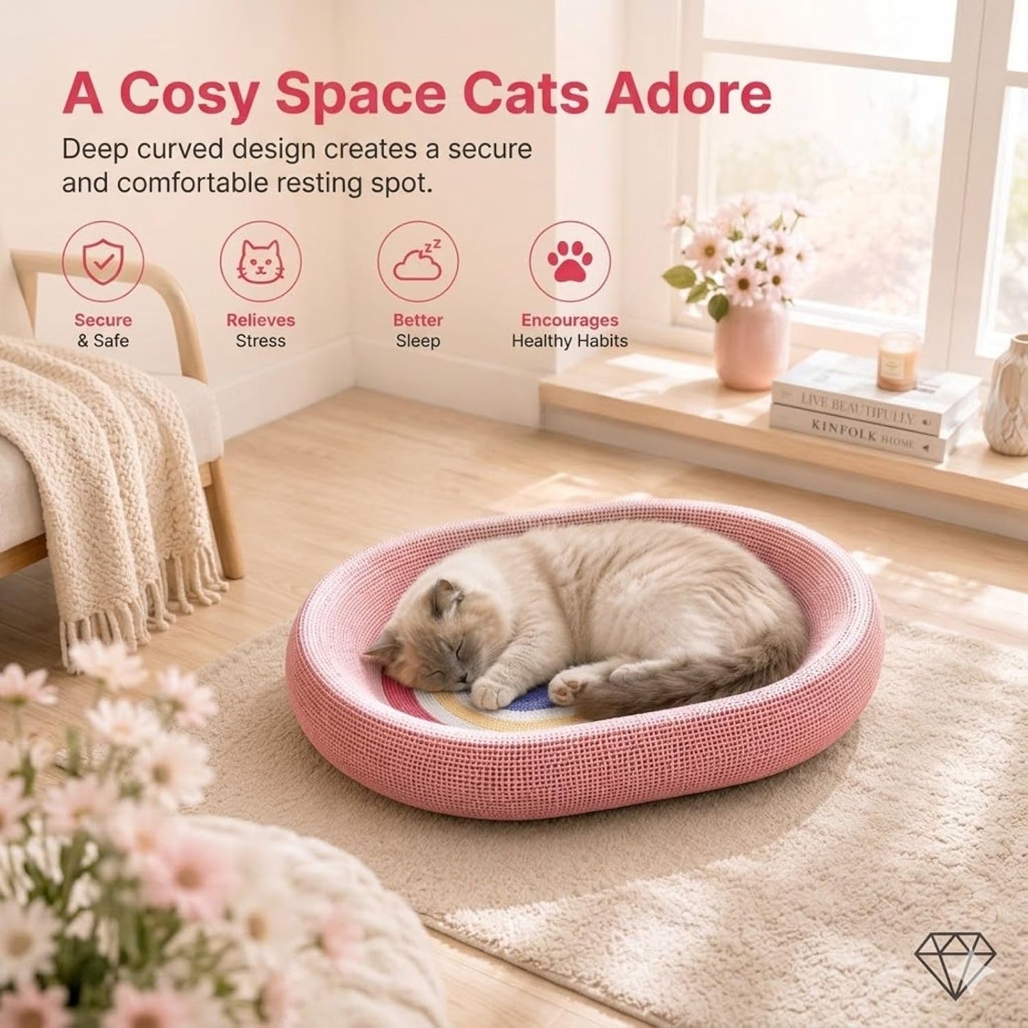 3-in-1 Cat Scratcher Lounge Bed – Ergonomic Curved Cat Scratching Board Nest – Durable Cardboard Cat Scratching Post Alternative for Sleeping and Instinct Releasing, Pink