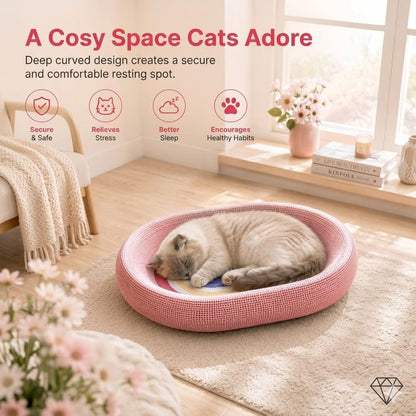 3-in-1 Cat Scratcher Lounge Bed – Ergonomic Curved Cat Scratching Board Nest – Durable Cardboard Cat Scratching Post Alternative for Sleeping and Instinct Releasing, Pink