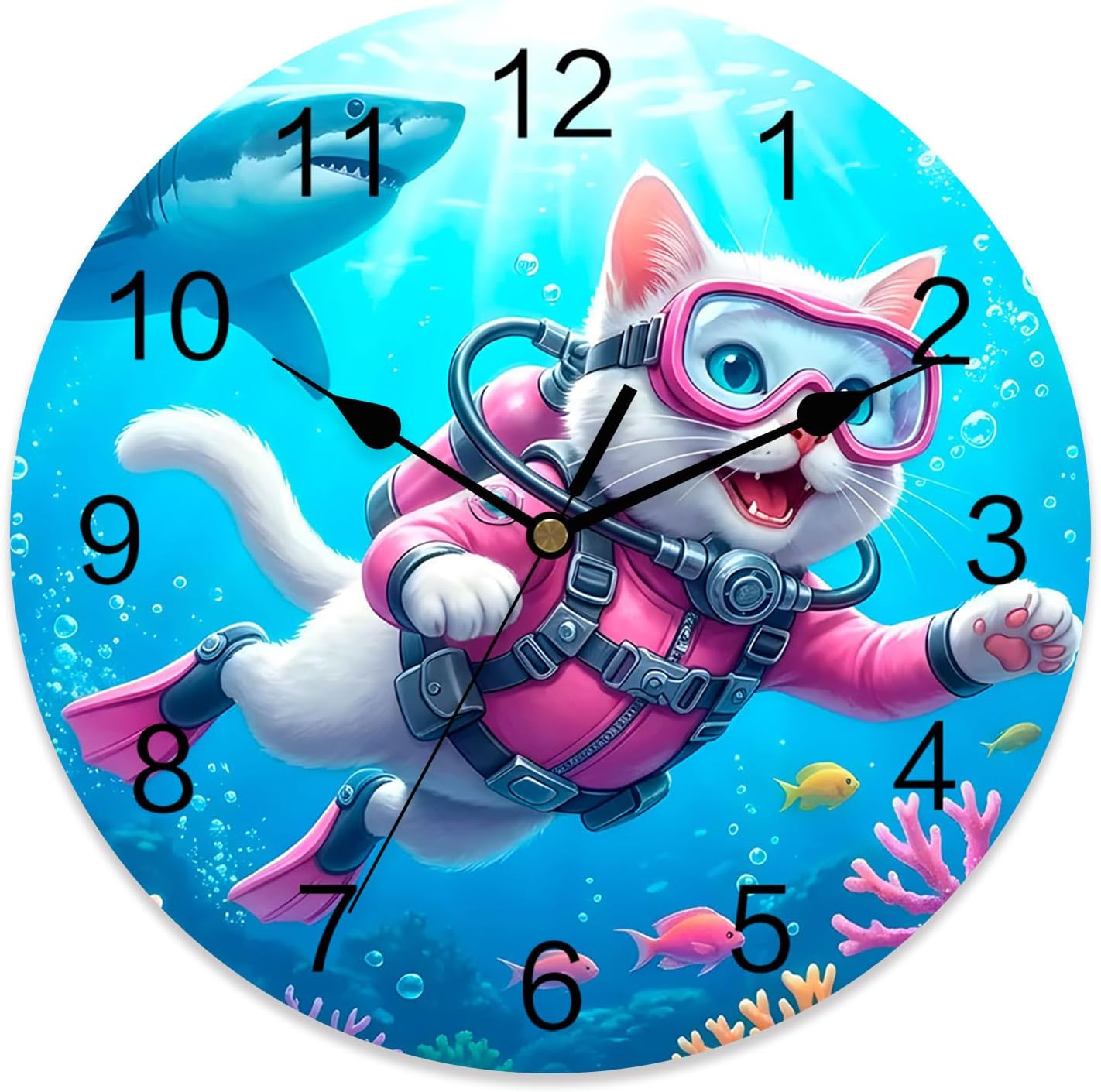Cute Cat Round Wall Clocks 10 Inch Pink Diving Suit Shark Purple Coral Fish Summer Silent Non-Ticking Battery Operated PVC Clock for Wall Home Decor Kitchen Living Room Bedroom Office