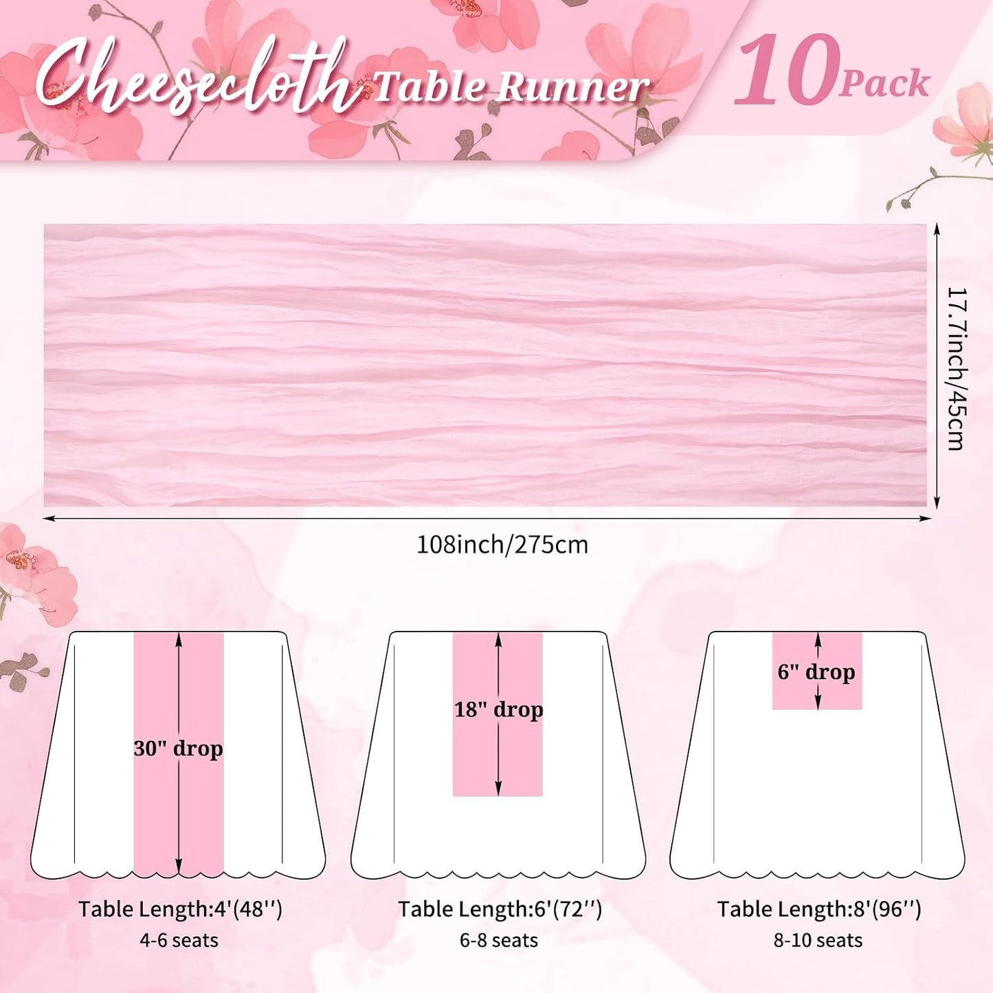 10 Pack Cheesecloth Table Runner Light Pink, Rustic Boho Gauze Fabric Table Runner Romantic Table Runner for Wedding, Festival, Birthday, Anniversary, Dinner and Outdoor Events (17.7 x 108 inch)