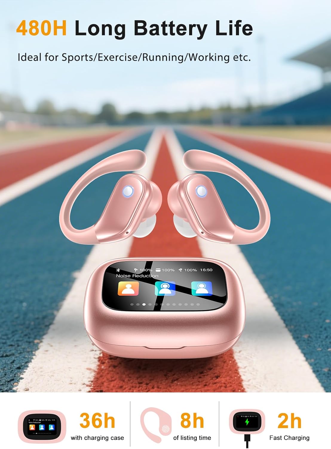 jaddsa Wireless Earbuds, 2026 ENC Noise Cancelling Ear Buds with Smart Touchscreen, Bluetooth 5.4 Headphones, Bass Stereo Sound Over-Ear Earbuds, 5 EQ Modes for Sports/Travel/Gym- Rose Gold