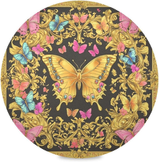 Retro Butterflies Pattern Gold and Peach Summer Round placemats Reversible Quilted placemat placemat Washable Wipe Clean placemats for Dining Table placemats Heat Resistant Waterproof Dinning
