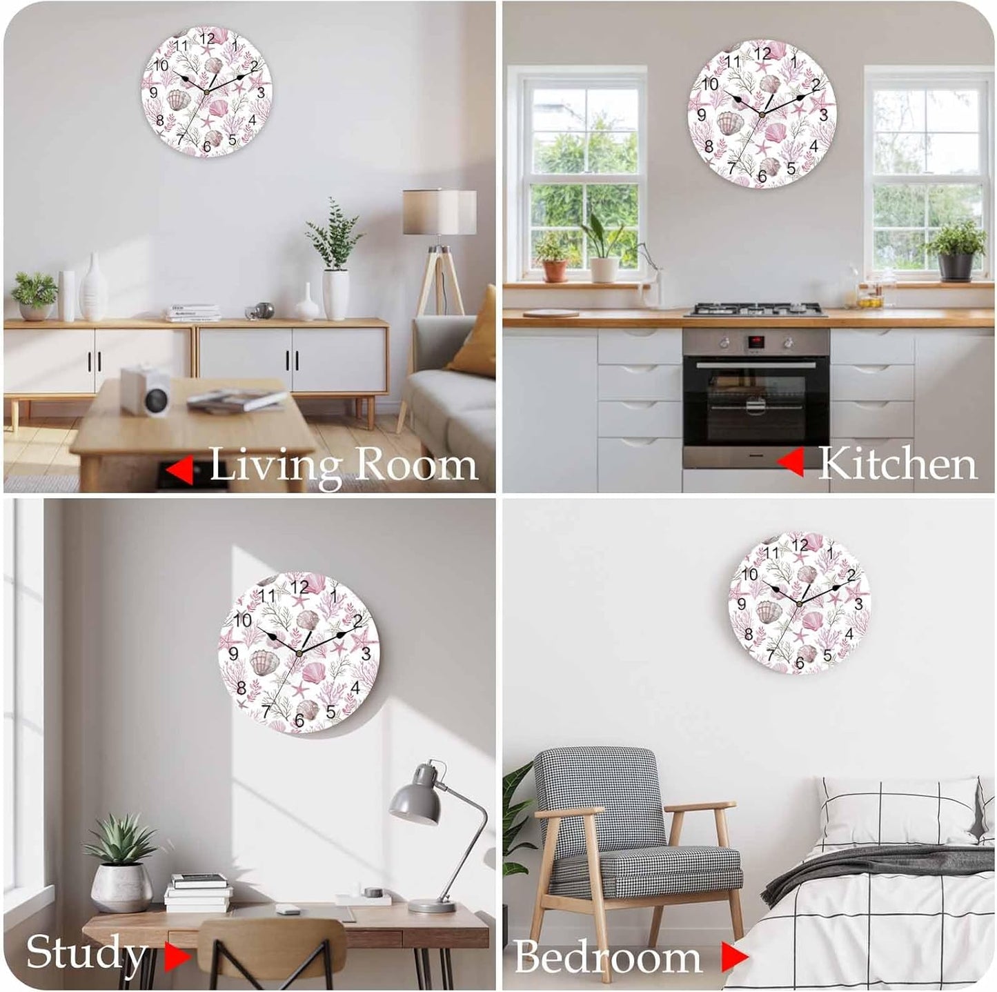 Wall Clock Pink Starfish Shell Clocks PVC Silent Non-Ticking Battery Operated Decorative Coral Ocean Marine Life Round Clock for Home Living Room Kitchen Bedroom Office School Wall Decor 10 Inch