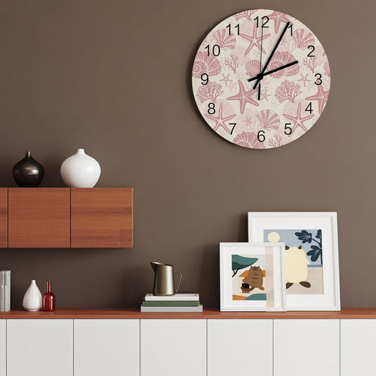 Pink Coastal Summer Wall Clock Silent Non Ticking Coral Shell Starfish Vintage Large Wall Clocks Battery Operated Decor for Home Kitchen Living Room Bathroom Office School Bedroom, 11.8 Inch