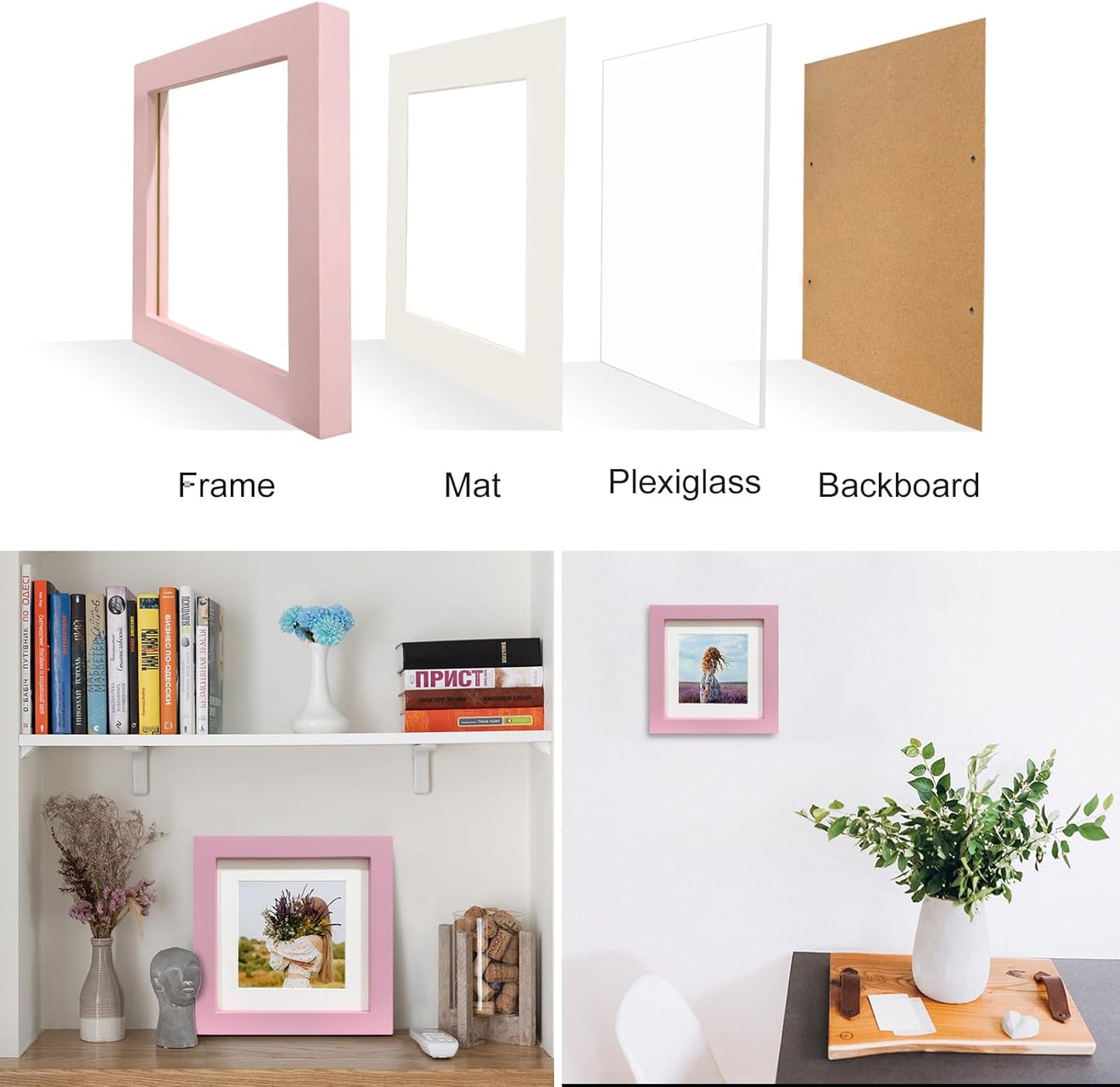 6x6 Pink Picture Frames, Square Solid Wood Photo Frame for Tabletop or Wall Mounting