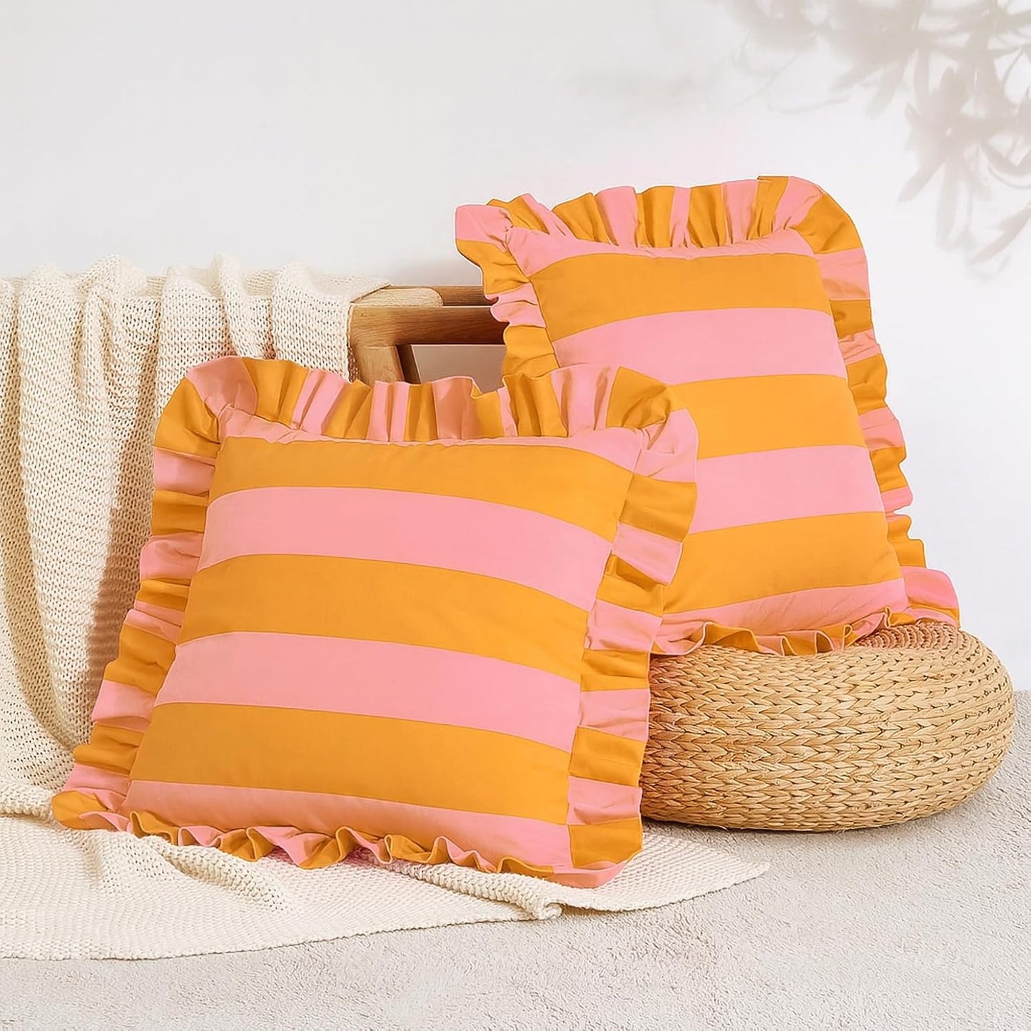 MONDAY MOOSE Decorative Throw Pillow Covers, Set of 2 Water-Resistant Striped Design with Ruffle Edge for Outdoor/Indoor Use, Pillow Inserts Not Included (22x22 inch, Light Pink/Honey)