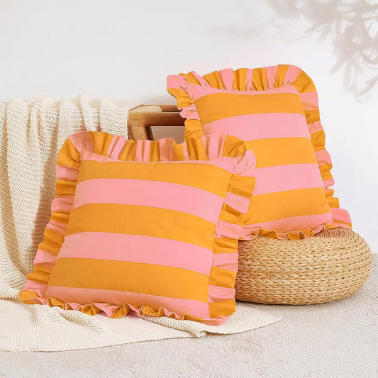 MONDAY MOOSE Decorative Throw Pillow Covers, Set of 2 Water-Resistant Striped Design with Ruffle Edge for Outdoor/Indoor Use, Pillow Inserts Not Included (22x22 inch, Light Pink/Honey)