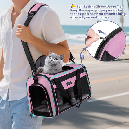 BALEINE Cat Carrier, Puppy Dog Carrier for Small Medium Pets Up to 22 Lbs, Soft-Sided Dog Travel Bag with Safety Zippers, Collapsible Pet Carrying Case (Pink, XL, 19"x12"x12")