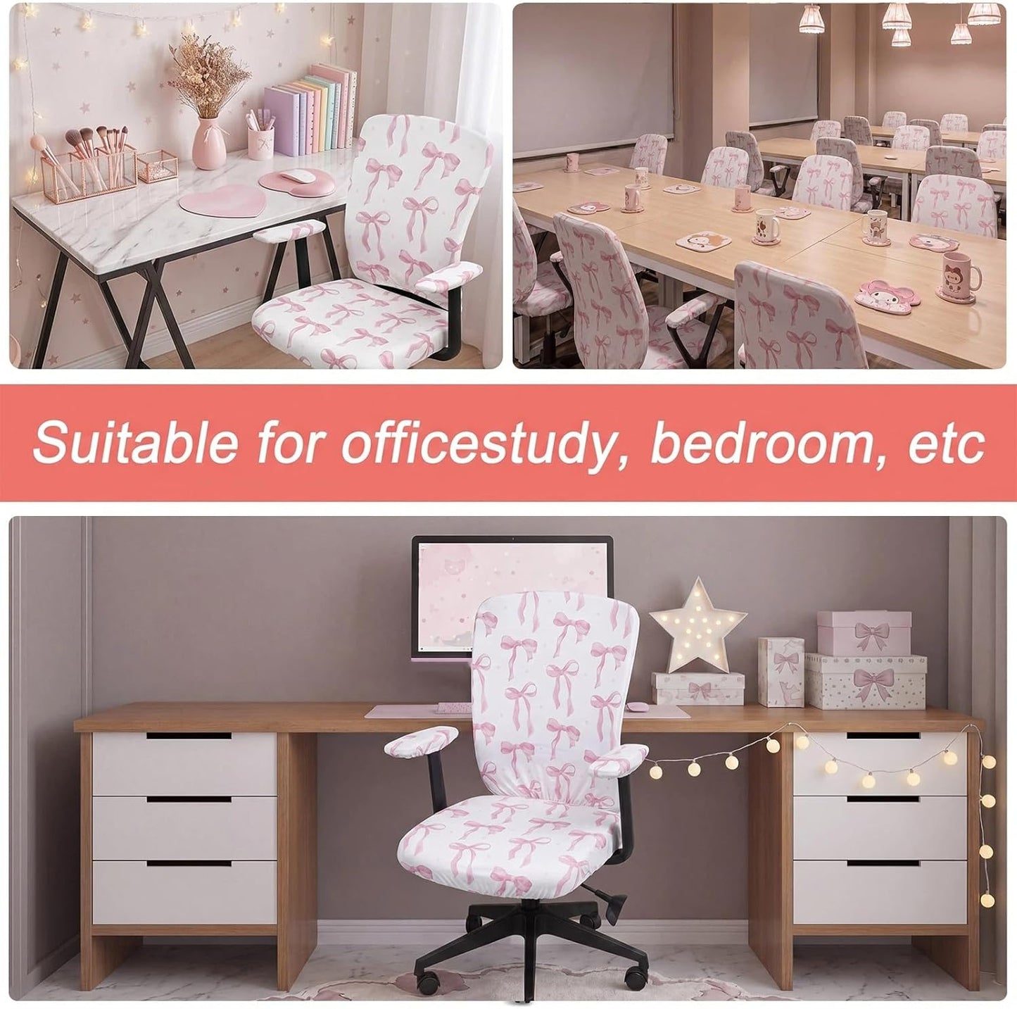 Suncalla 4 Pcs Pink Bow Printed Office Chair Covers Set Stretch Computer Universal Protective Stretchable Chair Seat Covers Washable Desk Armrest Slipcovers Pads Office Cushion Backrest for Rotating