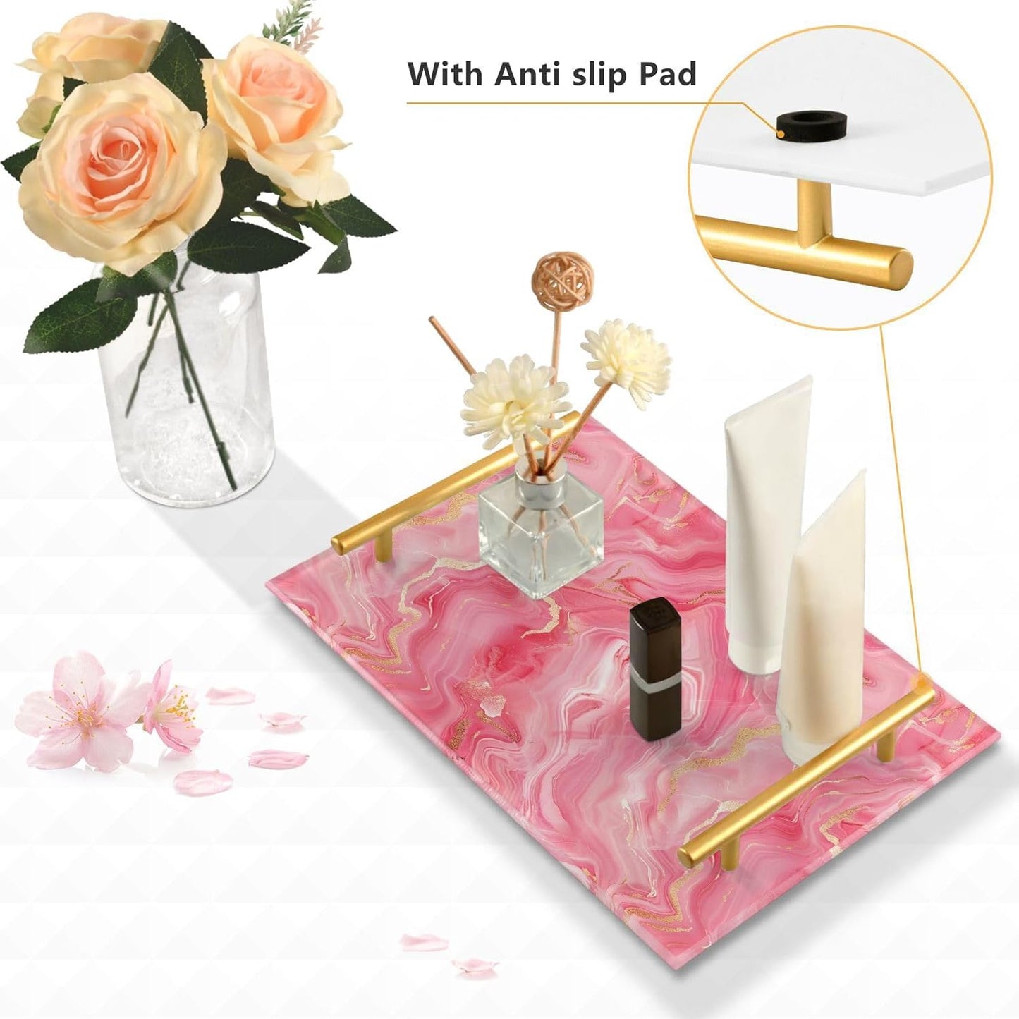 Peach Marble Decorative Acrylic Acrylic Tray with Handles Decorative Serving Trays for Jewelry Perfume for Room Service bandeja Blanca para servir
