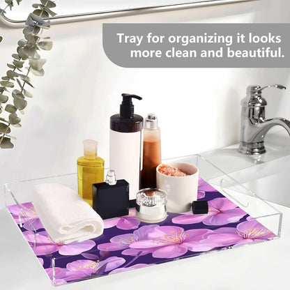 Peach Flowers Acrylic Serving Tray with Handles,Clear Serving Tray Decorative Organiser for Ottoman, Kitchen, Bedroom Decorative 12x16 Inches