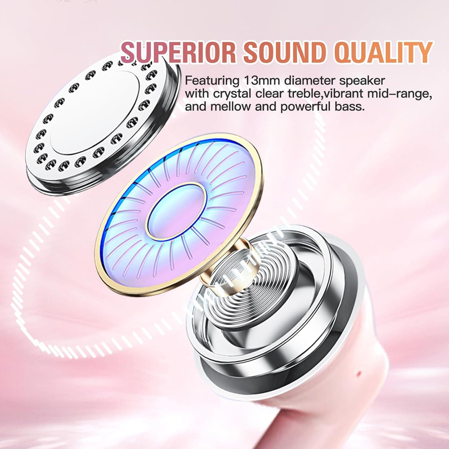 Pink True Wireless Earbuds Bluetooth 5.3 with Microphone for Working Out Noise Canceling Blue Tooth Ear Buds Deep Bass TWS Wireless Earphones with Charging Case in Ear Headphone for iPhone Android
