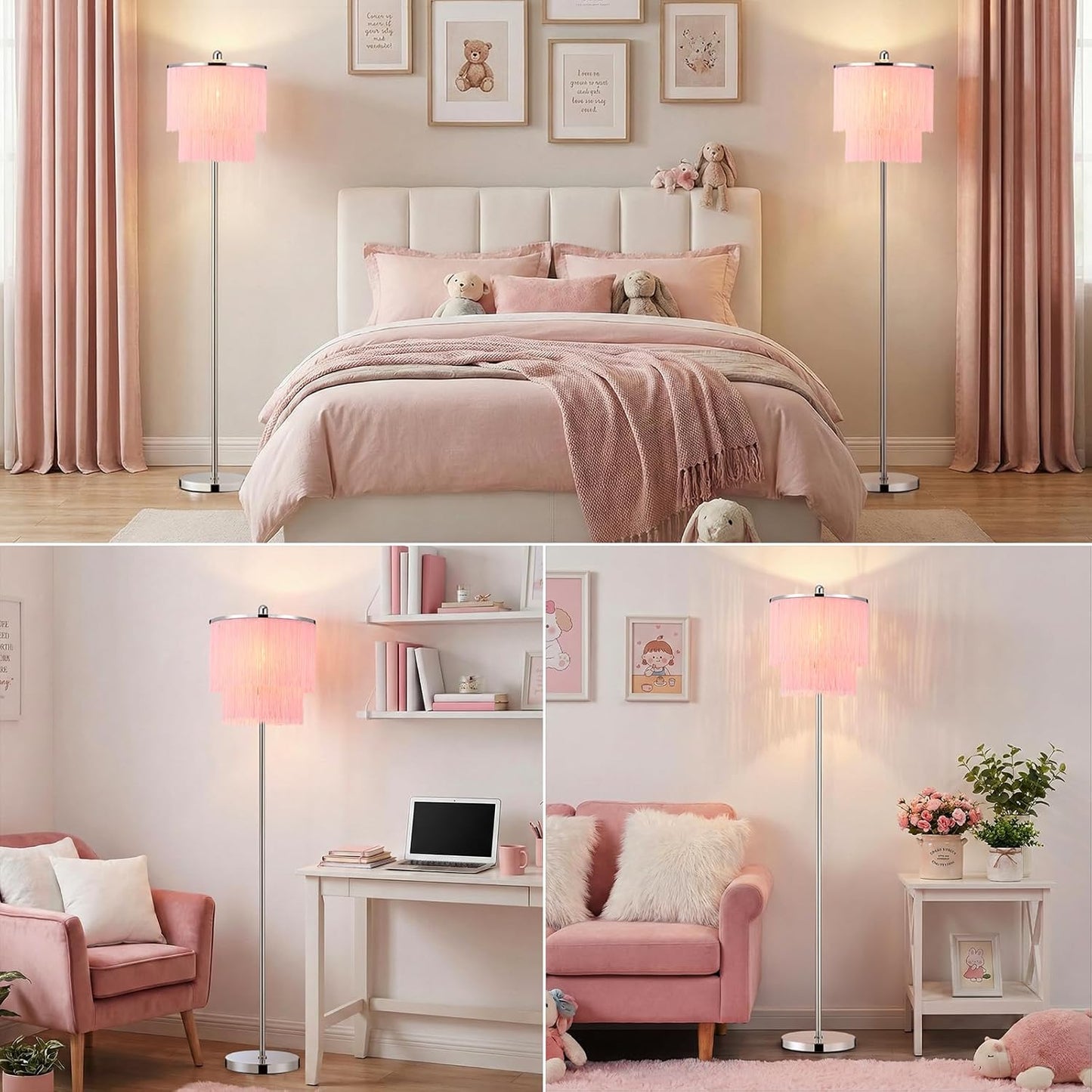 Lovlast Modern Floor Lamp with Pink Tassel Lampshade for Girls Room, 63" Tall Fringe Standing Bedroom Lamp with Soft Lighting, Boho Stand Up Corner Pink Lamp for Living Room（Bulb Included）