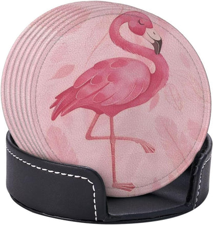 6 Pcs Pink Cute Flamingo Modern Art Boho Leather Coasters for Drinks with Holder Coaster Sets Drink Table Cup Coasters for Living Room Kitchen Coffee Decor