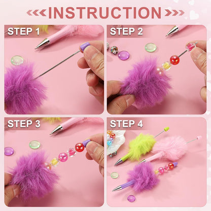 PATIKIL 5Pcs Fluffy Beadable Pens, Plush Fuzzy Plastic Bead Pen Bead Ballpoint for DIY Gift Writing Office Supplies, Light Pink