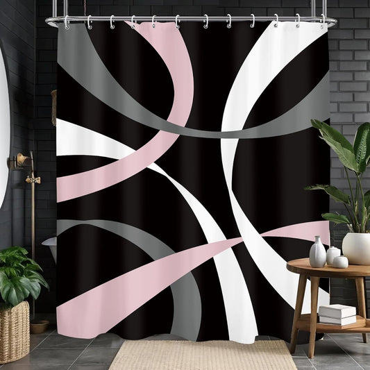 Abstract Line Minimalist Shower Curtain 60Wx71L, Black Pink Gray Shower Curtains for Bathroom Decor, Geometric Modern Contemporary Shower Curtain Set Home Decor 12 Pack Hooks