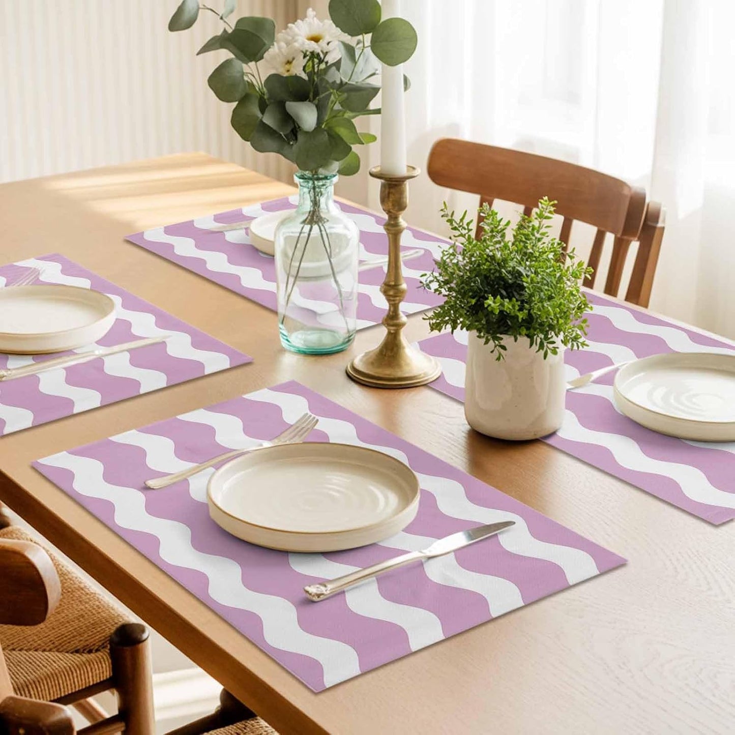 Pink and White Stripes Placemat Set of 6 Non-Slip Placemats for Dining Table Sea Wave Washable Table Mats, Heat Resistant Kitchen Table Mats for Party, Dining Room & Home Decor