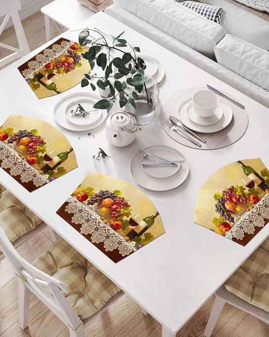 Round Table Placemats Set of 4, Rustic Grape Peach Apples Wine Wedge Table Mat Washable Placemat, Realistic Fruit Oil Painting Fan Shape Place Mats for Kitchen Indoor Outdoor