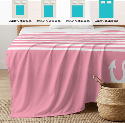 Cooling Blanket 50"x60", White Nautical Anchor on Pink Summer Cooling Blanket Breathable Lightweight Ice Blankets Classic Geometric Striped Blankets for Night Sweats