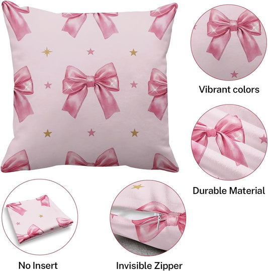 Throw Pillow Covers 18x18 Set of 4, Pink Bow Decorative Pillow Cases, Girly Coquette Cushion Covers for Couch Bed Sofa Living Room Home Decor