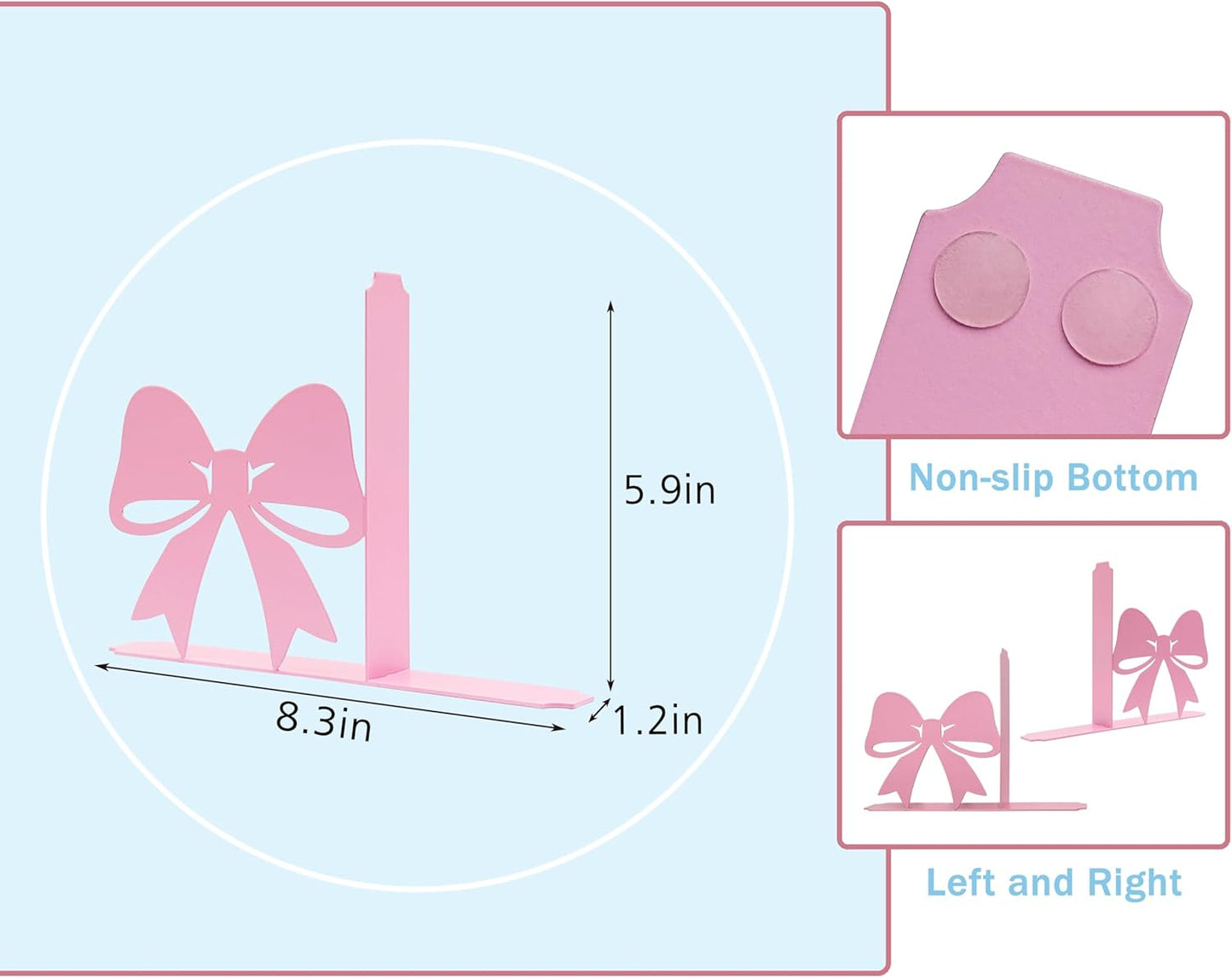 Bow Decor Metal Bookends - Novelty & Cute Bookends for Shelves, Unique and Decorative Book Ends（Pink）
