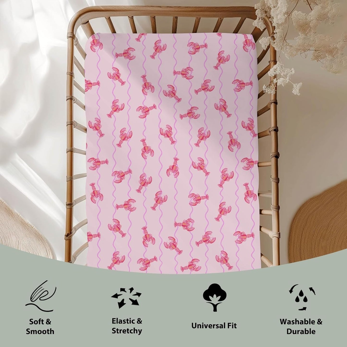 Pink Lobster Bows Stripe Baby Crib Sheets for Boy Girl 52x28Inch Lobsters Sea Ocean Stripes Soft Snug Fitted Crib Mattress Covers Coastal Summer Baby Sheet for Standard Crib & Toddler Bed Mattress