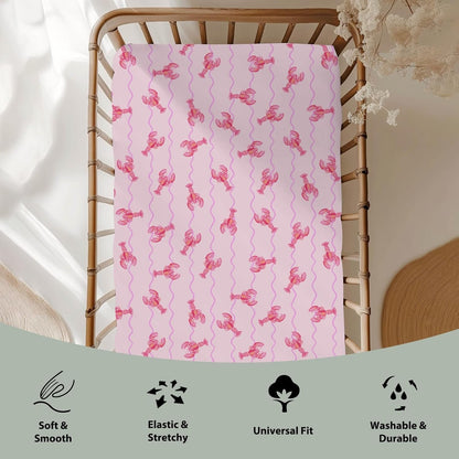 Pink Lobster Bows Stripe Baby Crib Sheets for Boy Girl 52x28Inch Lobsters Sea Ocean Stripes Soft Snug Fitted Crib Mattress Covers Coastal Summer Baby Sheet for Standard Crib & Toddler Bed Mattress