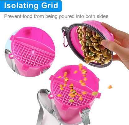 Guardians Dog Travel Water Bottle Collapsible Bowls, 2 in 1 Pet Food Container with Collapse Bowls, Outdoor Portable Water Bowls for Walking, Traveling, Camping and Hiking (Pink)