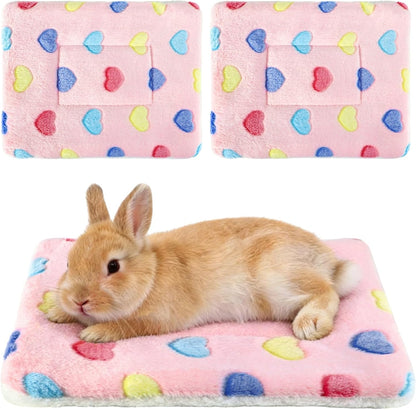 2 Pcs Bunny Bed, Washable Rabbit Bed, Double-Sided Fleece Sleeping Pad for Guinea Pig, Dwarf Rabbit, Chinchilla, Ferret, Hamster, Warm Small Animal Cage Mat, 13x10in, Pink Heart