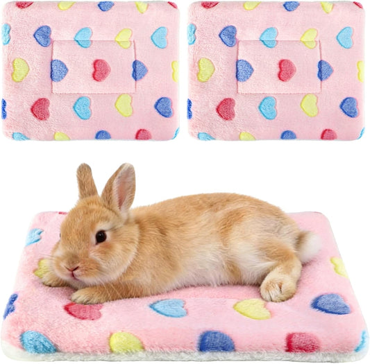 2 Pcs Bunny Bed, Washable Rabbit Bed, Double-Sided Fleece Sleeping Pad for Guinea Pig, Dwarf Rabbit, Chinchilla, Ferret, Hamster, Warm Small Animal Cage Mat, 13x10in, Pink Heart