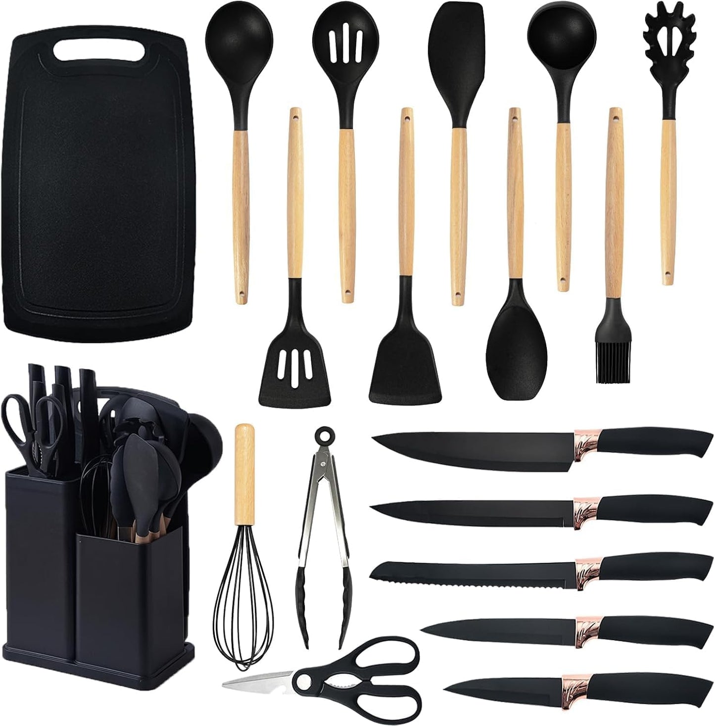 19-Piece Kitchen Utensil & Knife Block Set: 12 Non-Stick, Heat-Resistant Silicone Cooking Utensils (Spatula, Tongs, Ladle, Scissors) + 5 Sharp Kitchen Knives & Cutting Board (Pink)