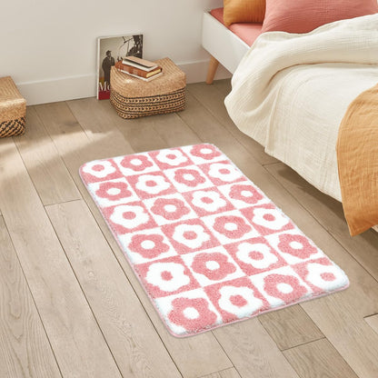 Pink Bathroom Rugs Checkered Rug Super Soft Cute Bath Mat for Bathroom Flower Decor Non Slip Bathmat Absorbent Microfiber Floral Mat 20X32 Inches