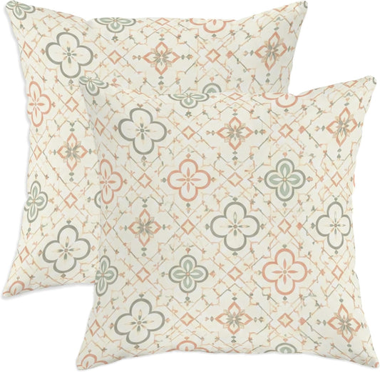 Flower Throw Pillow Covers Set of 2, Modern Bohemian Diamond Leaf Spring Pastel Peach with Hidden Zipper Cushion Covers Pillow for Living Room Bedroom Loft Office Car Decor 18x18 Inch