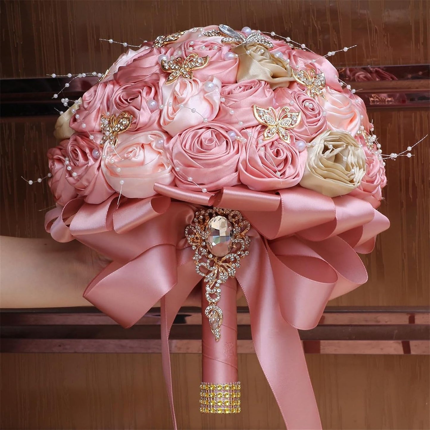 Handmade Rhinestone Bridal Bouquet for Wedding Round Tossing Bouquet Artificial Flower Bunch for Bride Bridesmaid (Champagne+Peach Pink, Small (Dia. 7.5"/18cm))