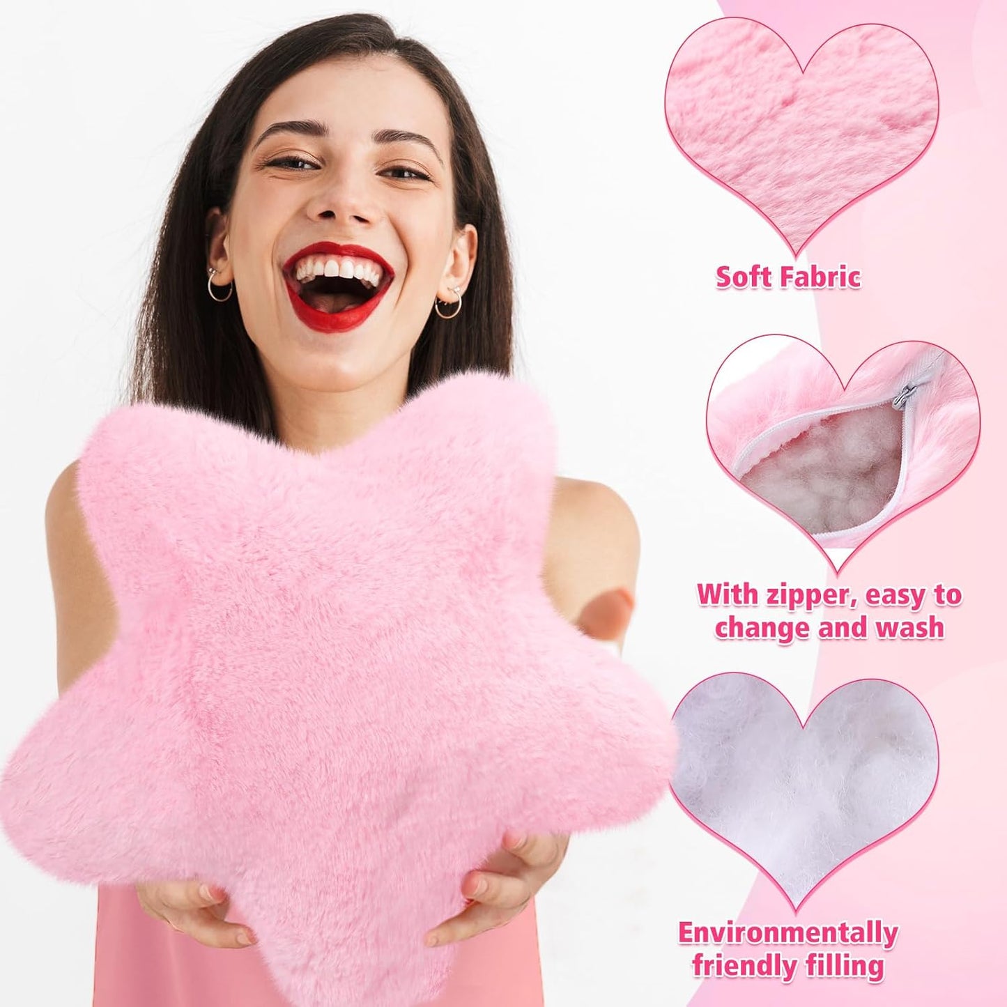 SmoothNovelty 4 Pieces 15" Star Pillows, Cute Soft Fluffy Decorative Throw Pillows with Faux Rabbit Fur for Sofa Bedroom Living Room Floor Cushions Home Decor(Multiple Pinks)