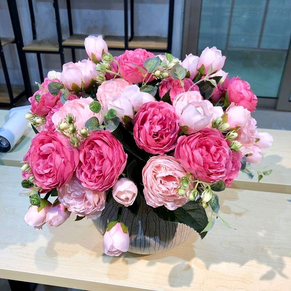 4 Bundles Peonies Artificial Flowers, Fake Silk Peonies Bouquet of Flowers for Home Decor Faux Floral Table Centerpieces for Kitchen Bathroom Wedding Party Decor(Rose Red+Pink)