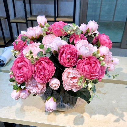 4 Bundles Peonies Artificial Flowers, Fake Silk Peonies Bouquet of Flowers for Home Decor Faux Floral Table Centerpieces for Kitchen Bathroom Wedding Party Decor(Rose Red+Pink)