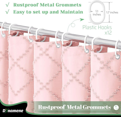 Dynamene Pink Fabric Shower Curtain, Boho Tufted Geometric Striped Tassel Shower Curtain for Bathroom, Shabby Chic Textured Modern Farmhouse Waterproof Cloth Shower Curtain Set, Wrinkle Free, 72x72