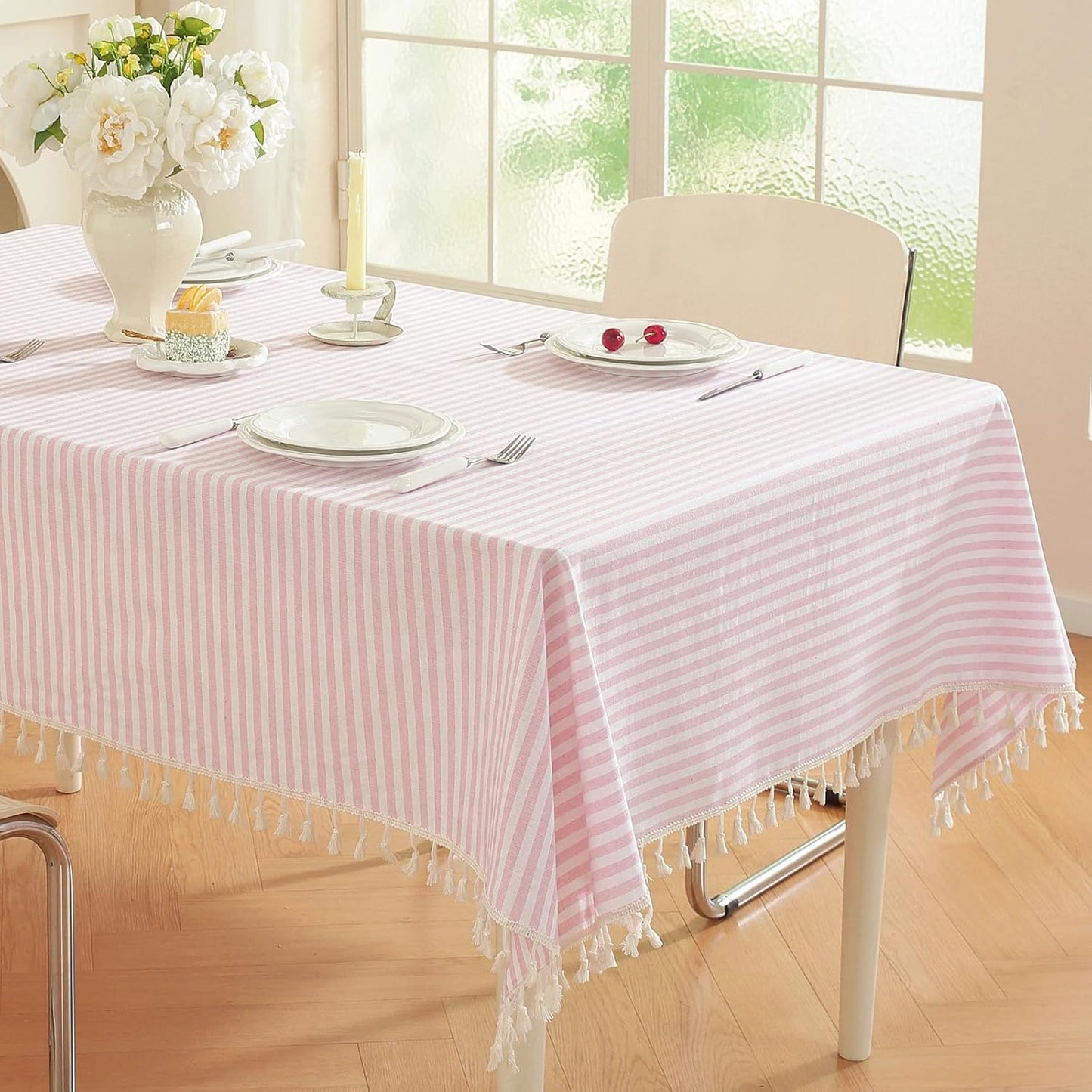 meioro Striped Square Tablecloth, Cotton Blend Fabric Pink Table Cloth with Tassel, Washable Wrinkle Free Table Cover Cute Small Tablecloths for Mahjong Card Coffee Tables and Outdoor - 55 x 55 Inch