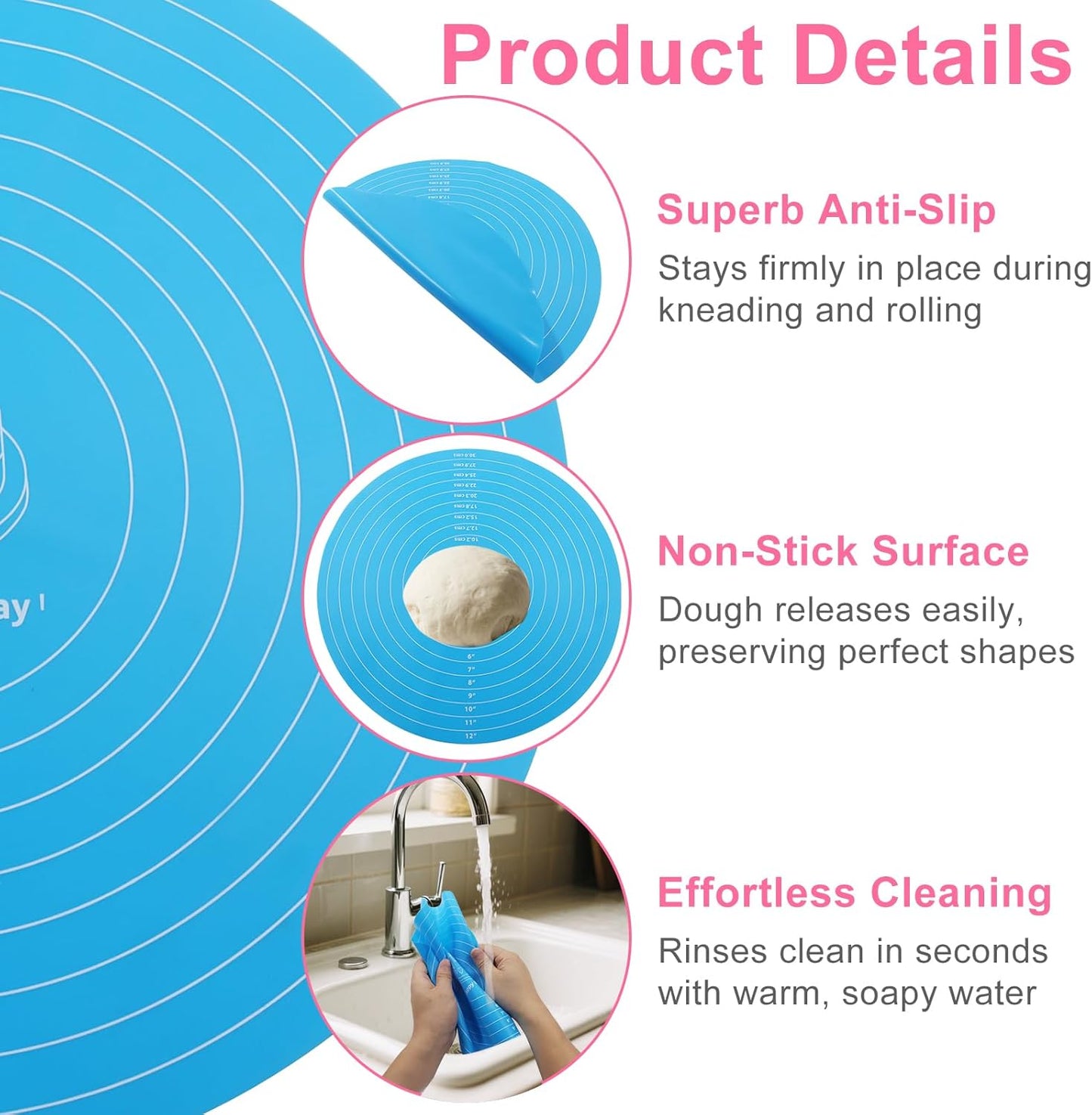 2 PCS 12 Inch Silicone Cake Mat, Round Silicone Baking Mat with Measurements Non-Stick Cookie Pad, Reusable Pastry Baking Sheet for Baking Pizza Pan/Rolling Dough(Pink, Blue)