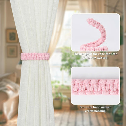NICEEC 2 Pack Natural Cotton Rope Curtain Tiebacks Farmhouse Rustic Style Decorative Drape Tie Backs Handmade Braided Curtain Holdbacks for Home & Office Sheer/Light Weight Drapery (C-Pink-S)