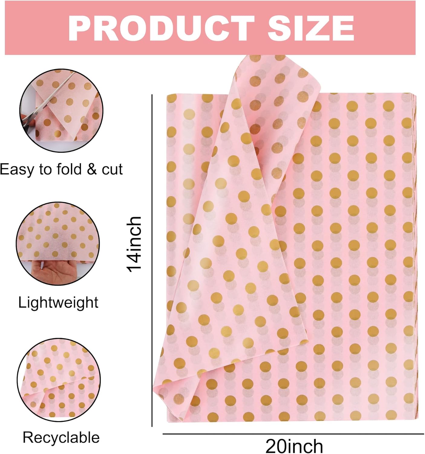 BEISHIDA Pink and Gold Tissue Paper Bulk, Polka Dot Wrapping Tissue Paper for Gift Bags, 14 x 20 Inch Gift Wrap for Christmas Birthday Wedding Graduation DIY Crafts Holiday Flowers,50 Sheets