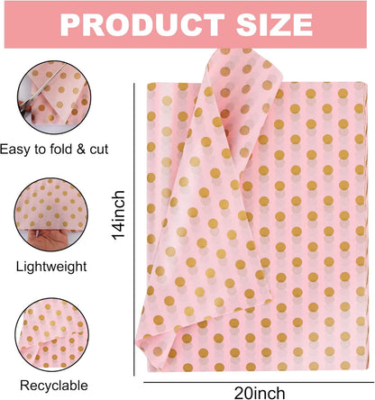 BEISHIDA Pink and Gold Tissue Paper Bulk, Polka Dot Wrapping Tissue Paper for Gift Bags, 14 x 20 Inch Gift Wrap for Christmas Birthday Wedding Graduation DIY Crafts Holiday Flowers,50 Sheets